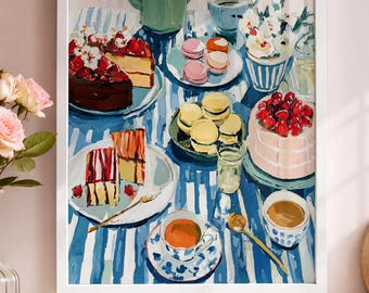 Quadro decorativo de parede com bolo e macarons, ideal para mesa de chá e cozinha. Pôster colorido de sobremesas, perfeito para confeitaria e café. Decoração de parede com listras azuis.