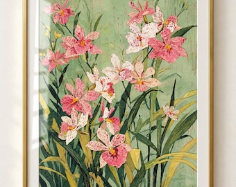 Quadro decorativo de orquídea rosa, pôster botânico de flores, decoração floral vintage, arte de jardim de orquídeas, decoração floral campestre para parede.