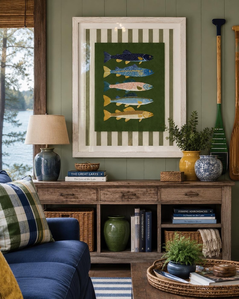 May include: A framed wall art piece featuring five stylized fish in blue, orange, and yellow hues against a dark green background, set within a white frame with a striped mat. The artwork is displayed above a wooden console table with various decor.