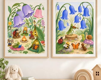 Bellflower Camp & Bluebell Melody, Little Bug Nursery Wall Art Prints,  Whimsical Insect Camping and Music Art, Woodland Kids Room Decor