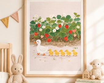 Siga a Mamãe - Conjunto de Arte de Parede Jardim de Morangos, Conjunto de Impressões para Quarto de Bebê, Arte de Parede com Patinhos, Decoração para Quarto Infantil com Tema de Jardim Campestre, Impressões de Animais da Fazenda