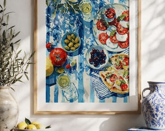 Arte de parede para cozinha mediterrânea, estampa de tomate e mussarela, pôster de comida italiana, arte de mesa com listras azuis, decoração para sala de jantar com tema litorâneo.