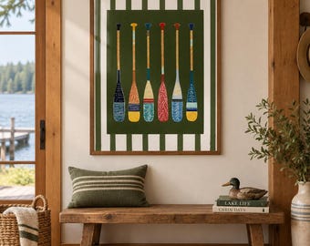 Lake House Paddle Wall Art Print, Colorful Oar Poster, Canoe Paddle Decor, Cabin Wall Art, Cottage Lake House Print, Nautical Wall Decor