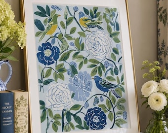Arte de parede floral Pássaro Azul nº 3, impressão botânica de pássaro, pôster de jardim verde, decoração campestre com elementos da natureza, impressão artística de flor azul