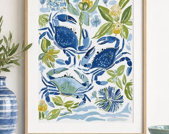 Blue Crab Coastal Wall Art, Chinoiserie Crab Print, Beach House Botanical Decor, Blue Green Seafood Art