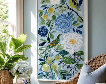 Quadro decorativo Blue Bird L1 em estilo Chinoiserie / Tela, Pôster botânico floral e cítrico, Arte para jardim verde, Decoração para casa Grandmillennial