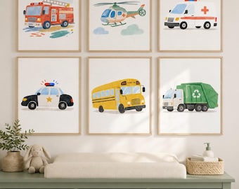 Conjunto de 2, 3, 4 ou 6 peças de arte de parede em aquarela com tema de veículos, ideal para quarto infantil com caminhões, decoração para quarto de bebê ou quarto de menino.
