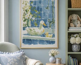 Wandbild mit Entenmotiv fürs Badezimmer, Mutterente mit Küken in der Badewanne, Tiermotiv auf blauen Fliesen, verspielte Badezimmerdekoration im Landhausstil