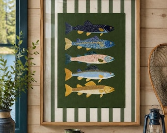 Quadro decorativo de parede com peixes para casa no lago, pôster colorido de truta, decoração para cabana de pesca, arte de parede para cabana à beira do lago, pôster de peixe para casa de campo, decoração náutica de parede.
