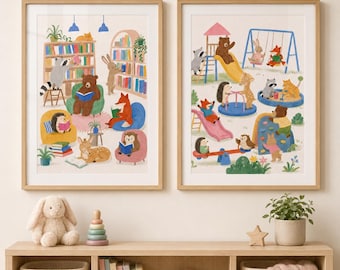 Conjunto de Arte Infantil com Animais Lendo e Ilustrações de Parques Infantis, Decoração para Quarto, Arte com Animais da Floresta e Animais em Estilo Fantasia
