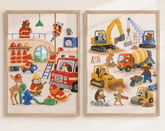 Bouwthema kinderkamerdecoratie, brandweermuurdecoratie, prints met dieren en voertuigen, jongenskamerdecoratie, brandweerwagen en graafmachine, los of als set van twee.