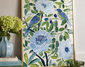 Arte de parede floral Pássaro Azul nº 5, impressão botânica de pássaro, pôster de jardim verde, decoração campestre com elementos da natureza, impressão artística de flor azul