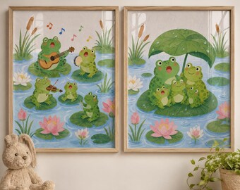 Arte de parede para quarto de bebê com tema de sapos, estampas fofas de família de sapos, decoração com animais de lagoa, arte colorida para quarto infantil, estampas divertidas para sala de jogos.