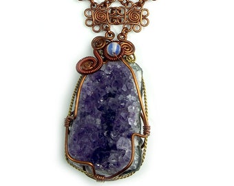 Wire wrap Necklace "Flowers" with natural Amethyst.