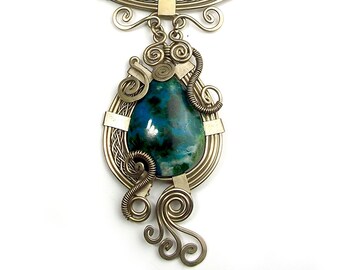 Bird of paradise" chrysocolla wire wrap Necklace