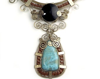 Necklace Wire wrap "Princess" Natural Larimar and Obsidian stone.