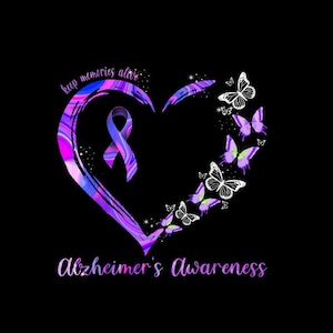 May include: A graphic design on a black background features a heart shape with a ribbon and butterflies. The heart is purple, blue, and pink. The ribbon is purple. The butterflies are white and purple. The text reads "keep memories alive" and "Alzheimer's Awareness."