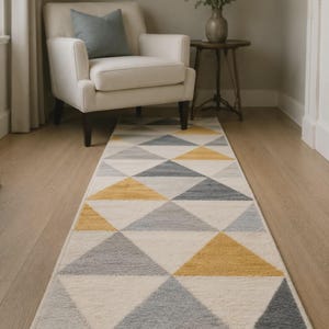 Mustard Gray Geometric Runner Rug, Hand-Tufted Scandinavian Triangle Design