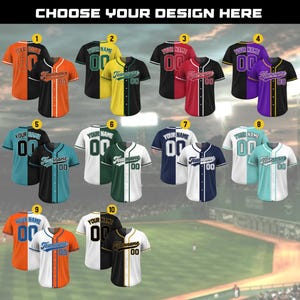 May include: A range of baseball jerseys in diverse colour schemes, such as orange and black, yellow and black, red and black, and purple and black. Each jersey has customisable text and numbers, with the words "YOUR NAME" and "Teamname" visible.