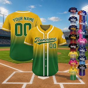 May include: Yellow and green baseball jersey with the text "Teamname" and the number "00" on the front. The back of the jersey has the text "YOUR NAME" and the number "00". A variety of other jerseys in different colors are also displayed.