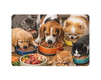 Cats and Dogs Eating Together Pet Food Mat | 12x18 Feeding Placemat