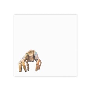 May include: A wooden crab sculpture with a textured, multi-toned surface. The crab has a rounded body and multiple legs, set against a white background. The sculpture's colors include shades of brown, beige, and hints of blue and green.
