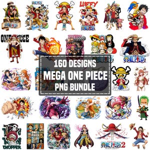 Könnte beinhalten: Eine Sammlung von One Piece PNG-Designs mit verschiedenen Charakteren und Logos aus der Anime-Serie. Das Bild enthält den Text "160 DESIGNS MEGA ONE PIECE PNG BUNDLE". Die Designs zeigen lebendige Farben und dynamische Posen, geeignet für digitale Kunstprojekte.