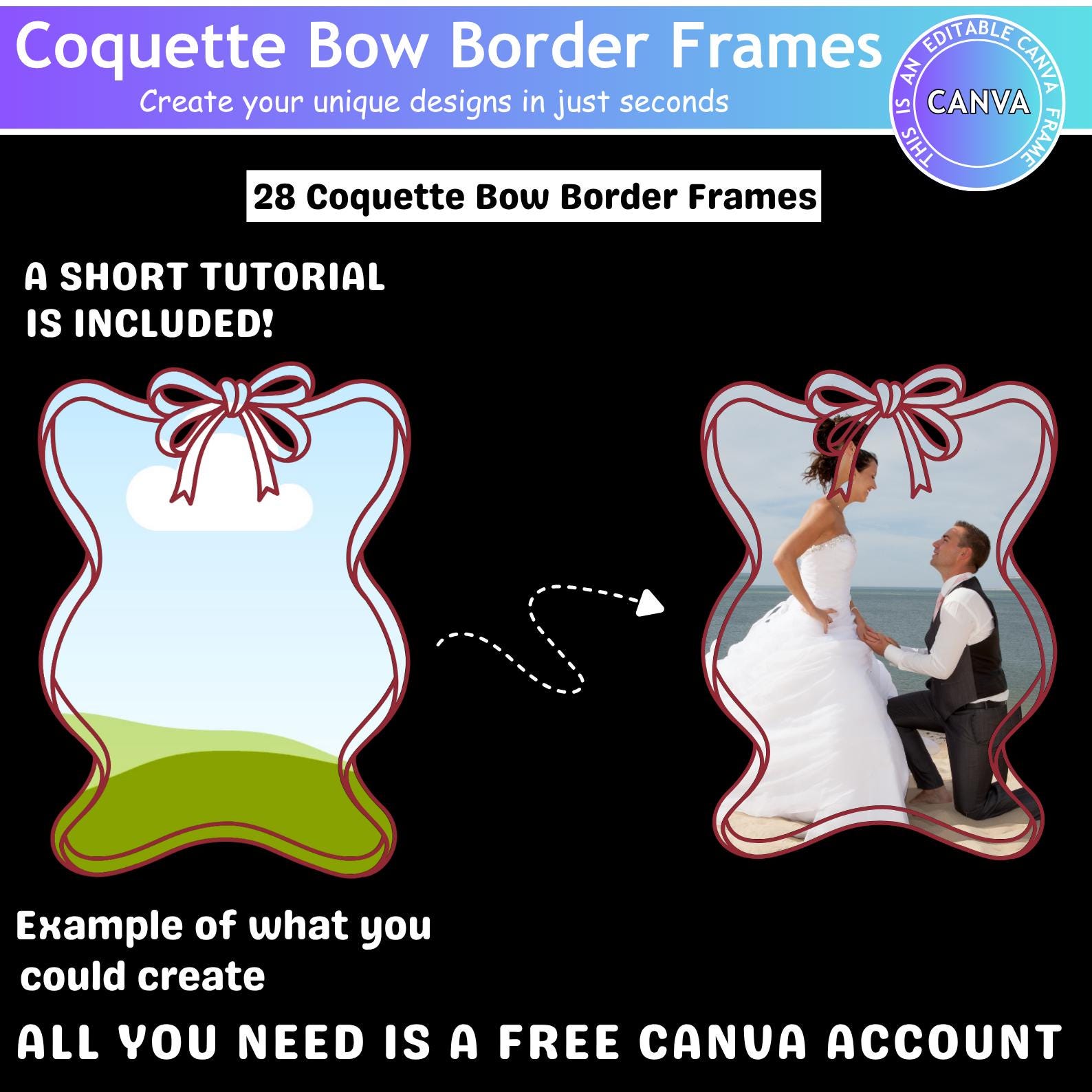 Editable Coquette Bow Border Frames Bundle, 28 Canva Templates Drag ...