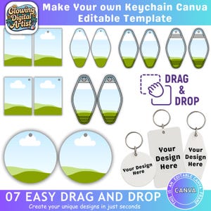K&ouml;nnte beinhalten: Ein Bild mit verschiedenen Schl&uuml;sselanh&auml;nger-Vorlagen mit einem Himmel- und Landschaftsdesign. Das Bild enth&auml;lt rechteckige, ovale und kreisf&ouml;rmige Formen sowie den Text "Make Your own Keychain Canva Editable Template" und "Drag & Drop".