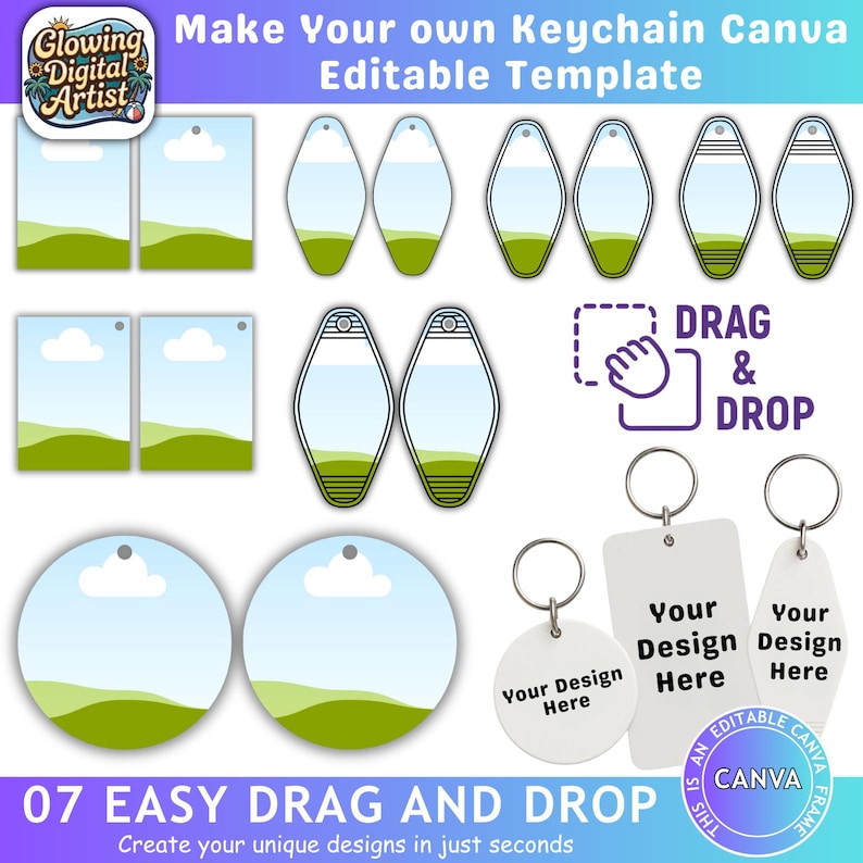 K&ouml;nnte beinhalten: Ein Bild mit verschiedenen Schl&uuml;sselanh&auml;nger-Vorlagen mit einem Himmel- und Landschaftsdesign. Das Bild enth&auml;lt rechteckige, ovale und kreisf&ouml;rmige Formen sowie den Text "Make Your own Keychain Canva Editable Template" und "Drag & Drop".