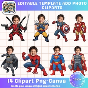 Op de afbeelding: Een digitale sjabloon met superhelden-cliparts. De afbeelding toont personages als Deadpool, Wolverine, Captain America, Iron Man, Batman, Spider-Man, Superman en Thor. Tekst omvat "EDITABLE TEMPLATE ADD PHOTO CLIPARTS" en "14 Clipart Png-Canva".
