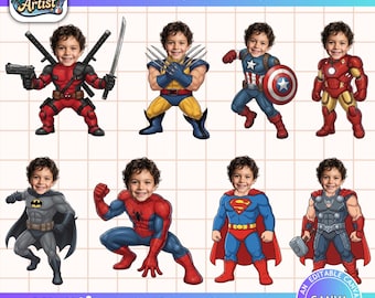 Superheld Kinder Clipart Png, fügen Sie Ihr Gesicht Canva Vorlage, benutzerdefinierte Junge Mädchen Superheld Charaktere, DIY Geburtstagsparty Cupcake Toppers