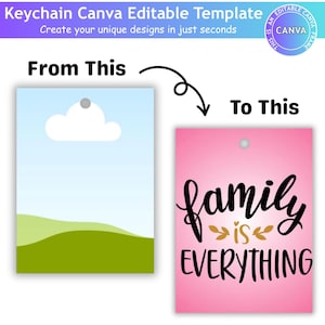K&ouml;nnte beinhalten: Grafik mit einem editierbaren Canva-Schl&uuml;sselanh&auml;nger-Template. Das Bild zeigt ein Vorher-Nachher-Design, wobei das finale Design "family is everything" auf rosa Hintergrund zeigt.