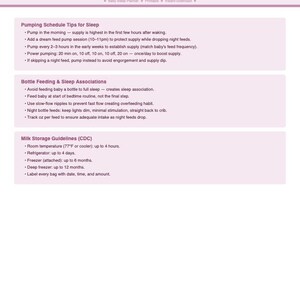 May include: A printable Pumping & Bottle Schedule Tracker with tips for sleep, bottle feeding, and milk storage guidelines. The document includes advice on pumping schedules, feeding routines, and milk storage durations. The title is in a purple font.