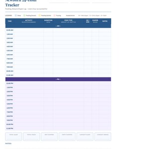 May include: A white printable newborn 24-hour tracker with blue and purple accents. The tracker includes sections for time, activity, duration, feed type, diaper changes, and notes. It is designed to monitor a baby's feeding, sleep, and diaper changes.