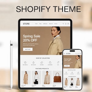 May include: A digital display of a Shopify theme, showcasing a spring sale with a 20% discount. The display includes a tablet and a smartphone, both featuring a website interface with product images and text.