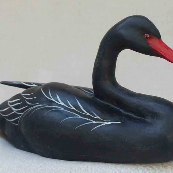 Hand Carved Antiqued Black Swan, Carved Bird, Mother's Day