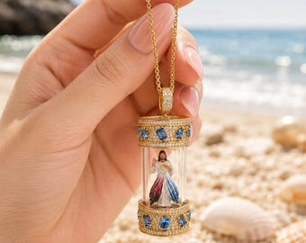 Divine Mercy Jesus Necklace, 18K Gold Plated Hand Painted Icon Pendant, Catholic Jewelry
