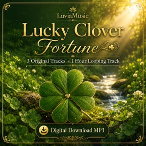 May include: A digital music download titled Lucky Clover Fortune by LuviaMusic, featuring 3 original tracks and a 1-hour looping track. The graphic displays a large green four-leaf clover with a small gold heart center against a forest stream.