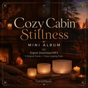 Op de afbeelding: Een digitaal albumhoes met de titel Cozy Cabin Stillness Mini Album, voorzien van drie matglazen kristallen klankschalen, een houten klopper en brandende kaarsen. De tekst bevat Digital Download MP3, 3 Original Tracks + 1 Hour Looping Track en LuviaMusic.