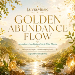 Könnte beinhalten: Ein digitales MP3-Albumcover mit dem Titel LuviaMusic GOLDEN ABUNDANCE FLOW, Abundance Meditation Music Mini Album, 3 Original Songs + 1 Hour Looping Track. Der Hintergrund zeigt einen sonnendurchfluteten Gebirgsfluss mit goldenen Kristallen.