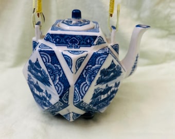 Blue and White Porcelain Teapot with Bamboo Handle
