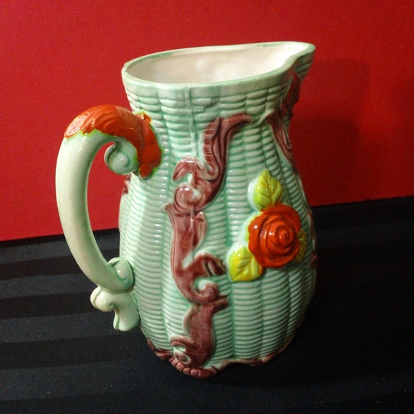 Vintage Embossed Ceramic Pitcher with Basketweave & Flower design