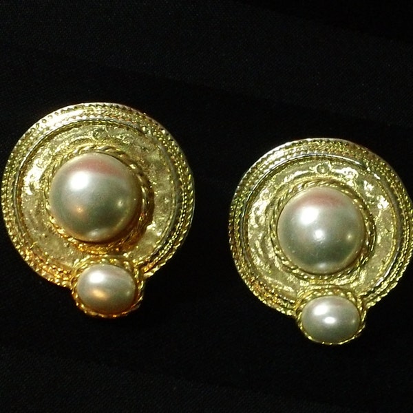 Vintage Gold Tone Faux Pearl Round Button Post Earrings ~ Retro Bold Glamour Costume Jewelry