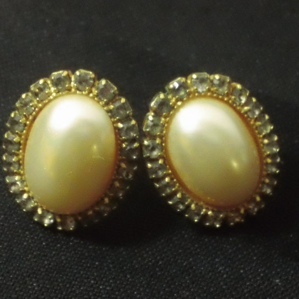 Vintage Oval Faux Pearl and Rhinestone Post Earrings ~ Retro Mid-Century Glamour Elegant Classic Costume Jewelry