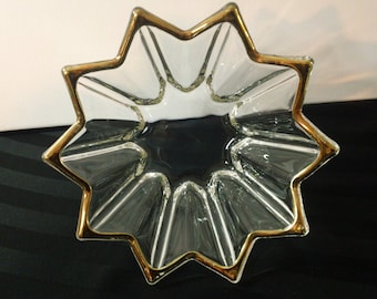 Star or Sun-Shaped Clear Glass Bowl / Candy Dish with Gold Rim