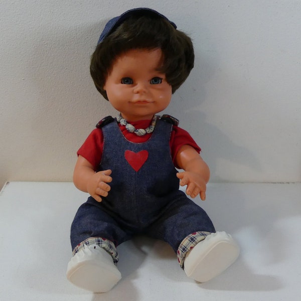 Vintage 14" Jointed Vinyl Toddler Boy Play Doll with Short Brown Hair, Blue Sleepy Eyes & Sound in Bib Overalls outfit