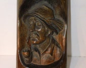 Vintage 70s Carved Wood German Man in Hat Smoking Pipe Wall Hanging Plaque