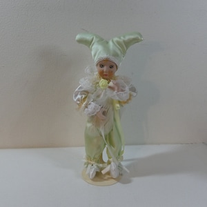 Vintage Harlequin Jester Clown 9&quot; Porcelain Doll with Stand