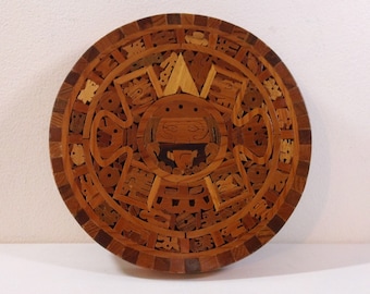 Vintage Handcrafted 8" Aztec Sun Stone Calendar replica ~ Tropical Wood Mosaic Folk Art Wall Hanging